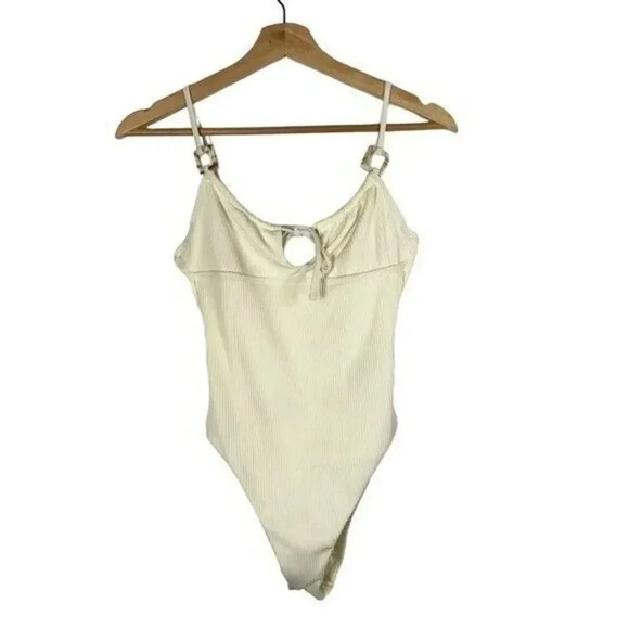 Topshop Cream Ribbed One Piece Tie Bust Swimsuit 6 - Picture 1 of 3